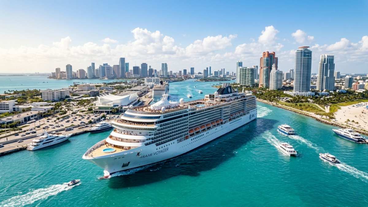 Large luxury cruise ship docked in PortMiami heading to the Bahamas