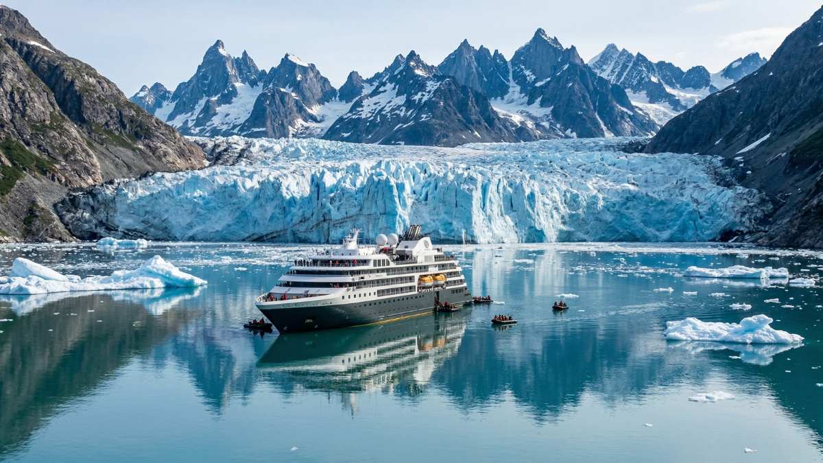 Expedition cruise ship in front of a giant blue glacier in the Chilean Fjords