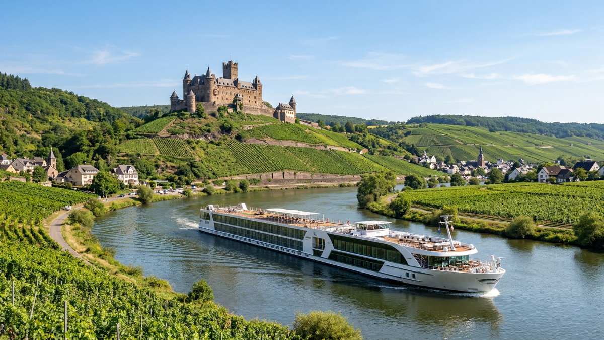 Luxury river cruise ship sailing past a medieval castle on the Rhine river