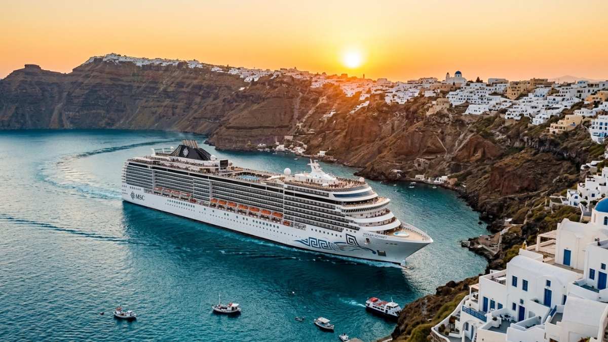 Luxury cruise ship anchored near the volcanic caldera of Santorini at sunset