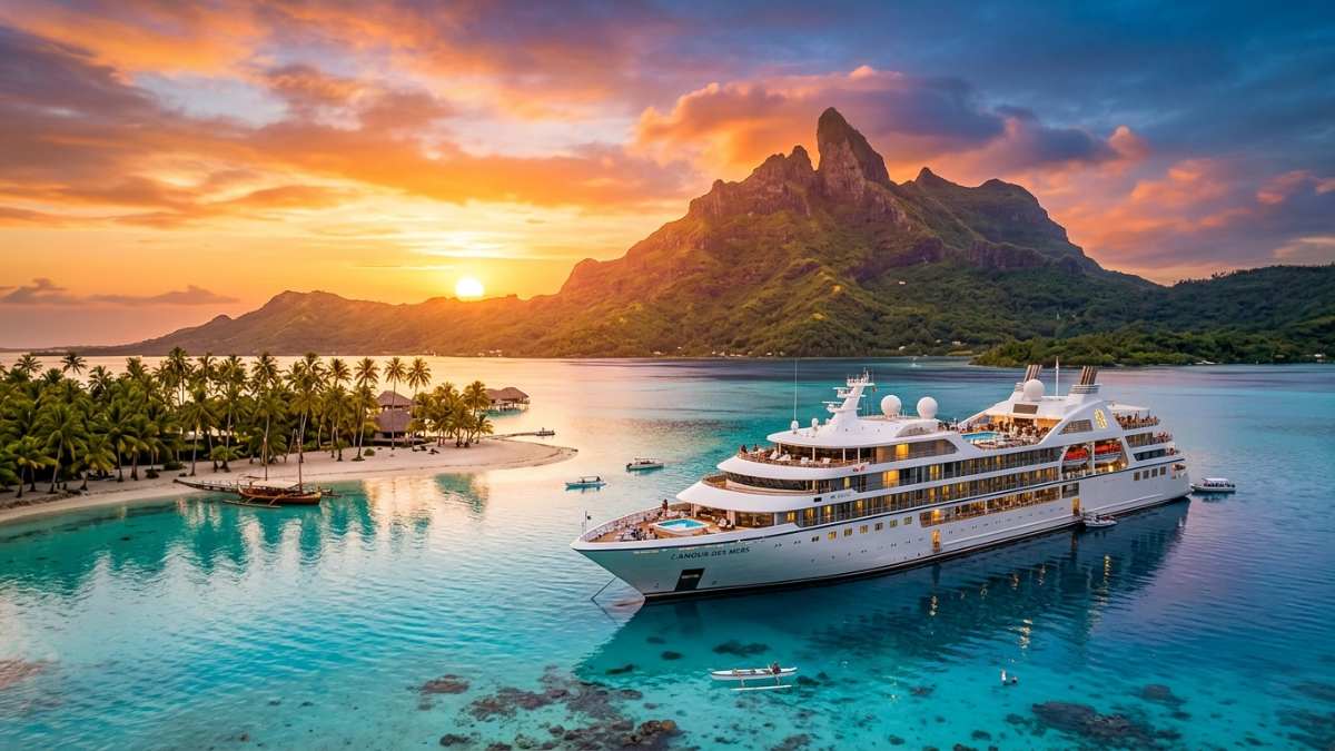 Multi-generational family enjoying the best luxury French Polynesia cruises on a private deck overlooking Bora Bora.
