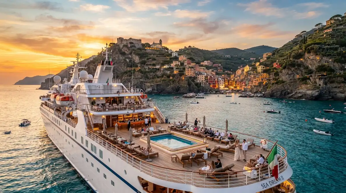 Luxury boutique cruise ship anchored near Portofino Italy coast at sunset during the best luxury Mediterranean cruises