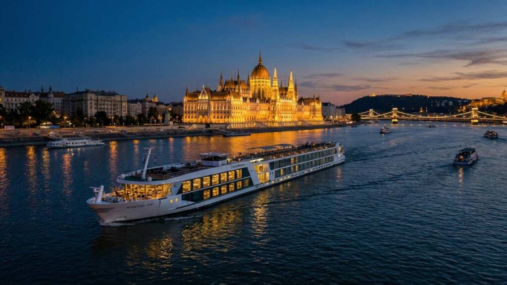 River cruise ship sailing in front of the illuminated Hungarian Parliament in Budapest