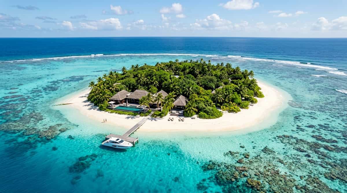 Horizontal aerial view of a luxury private island surrounded by turquoise water and coral reefs.