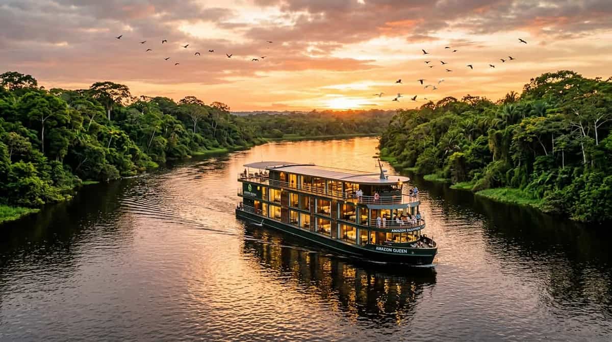 Horizontal view of a luxury Amazon river cruise ship sailing through the rainforest at sunset.