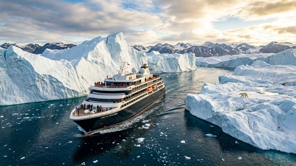 Horizontal view of a luxury expedition ship sailing through Arctic icebergs.