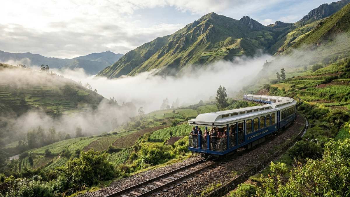 The luxury travel Peru Belmond Hiram Bingham train crossing the Andes towards Machu Picchu.