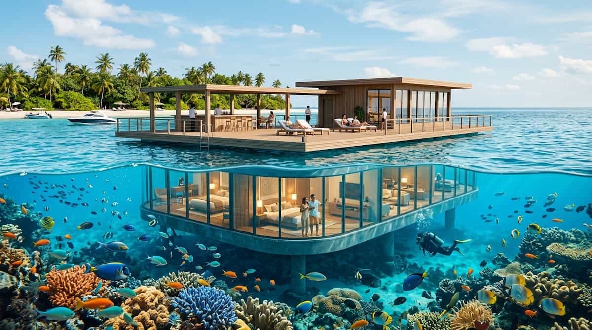 Horizontal view of a luxury underwater hotel suite in a tropical lagoon.