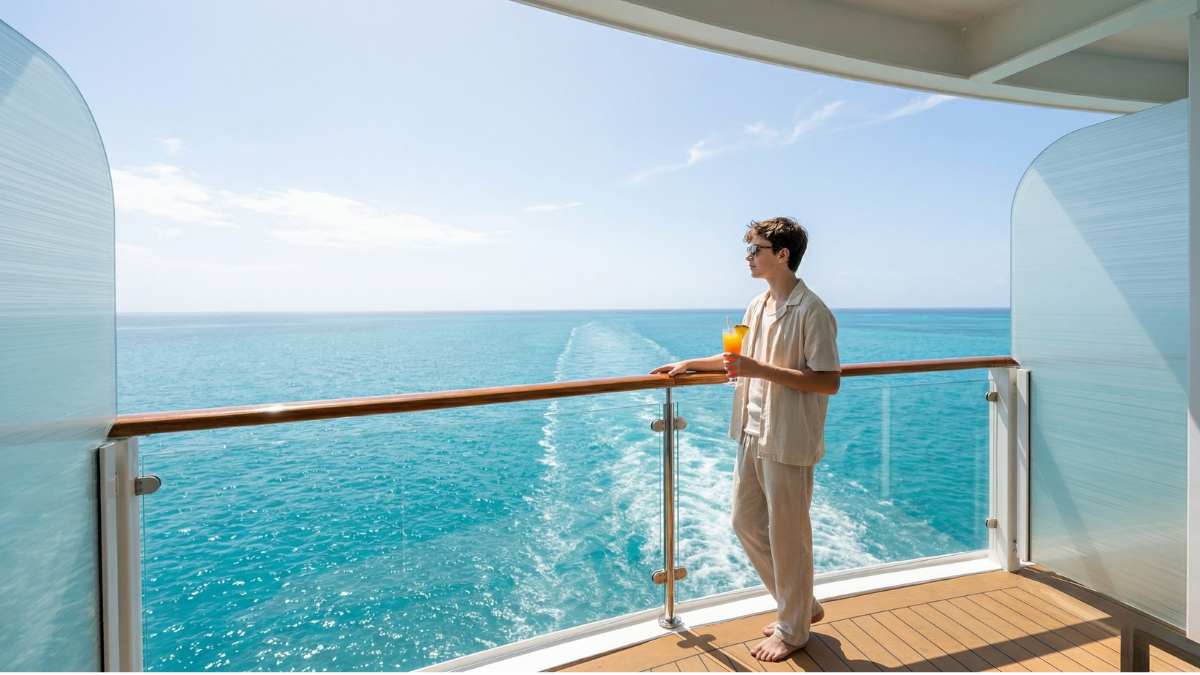 A solo traveler enjoying a cocktail on a cruise balcony with turquoise sea