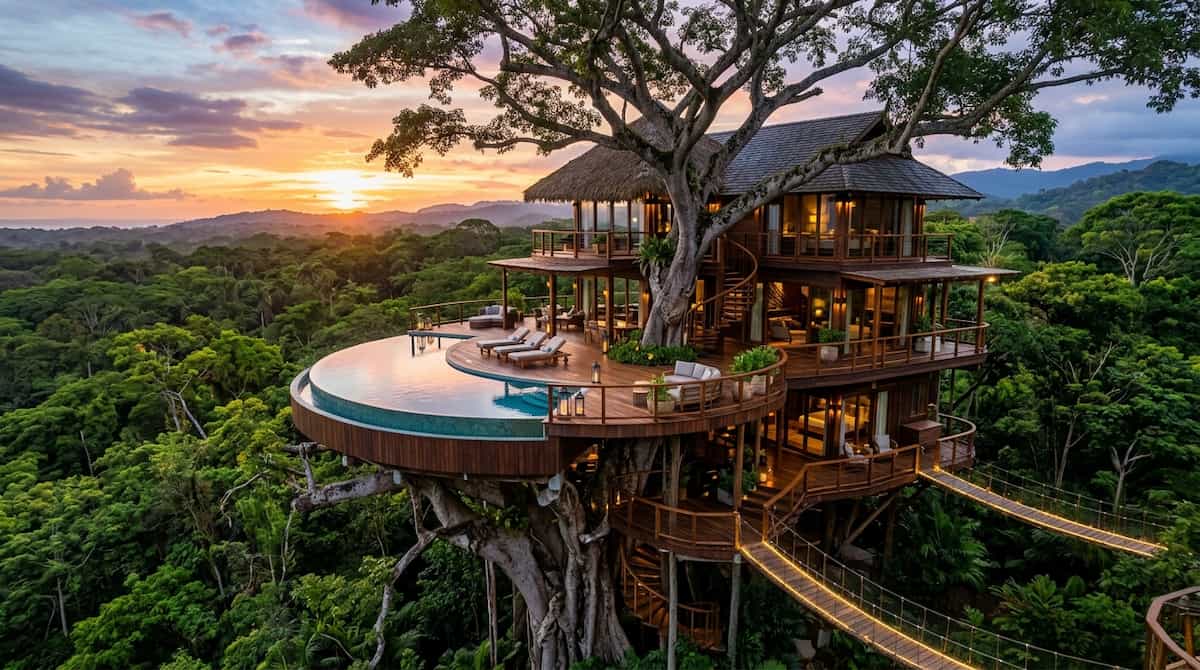 An aerial view of a luxury wooden treehouse resort in a lush jungle.
