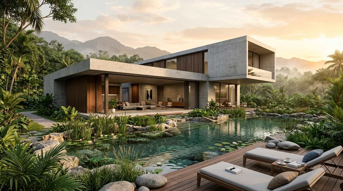 A contemporary luxury eco-villa showcasing a pristine natural biological swimming pool integrated into its wooden deck at sunrise.