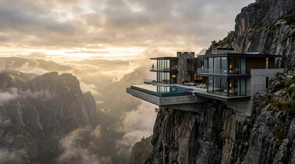 A futuristic minimalist luxury spa structure anchored into a vertical mountain cliffside at sunrise.