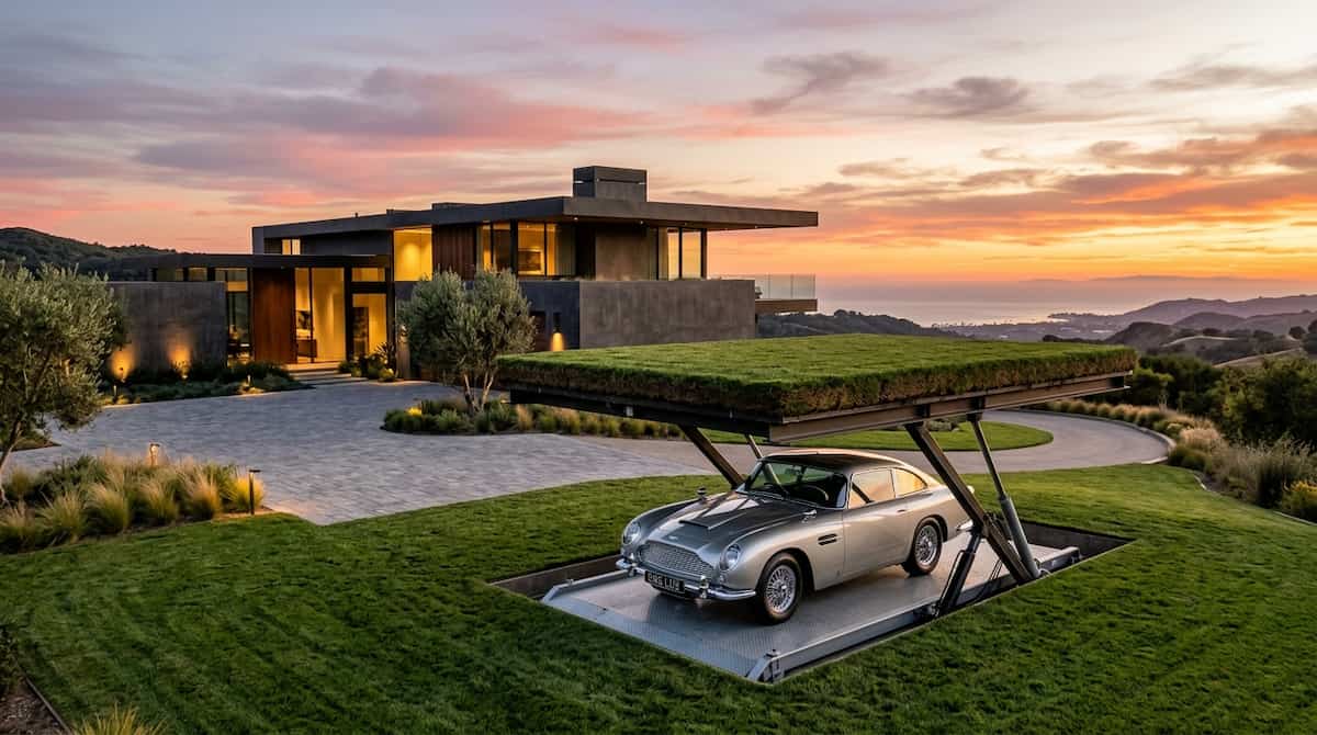 luxury hidden garage estates with hydraulic lift and sports car