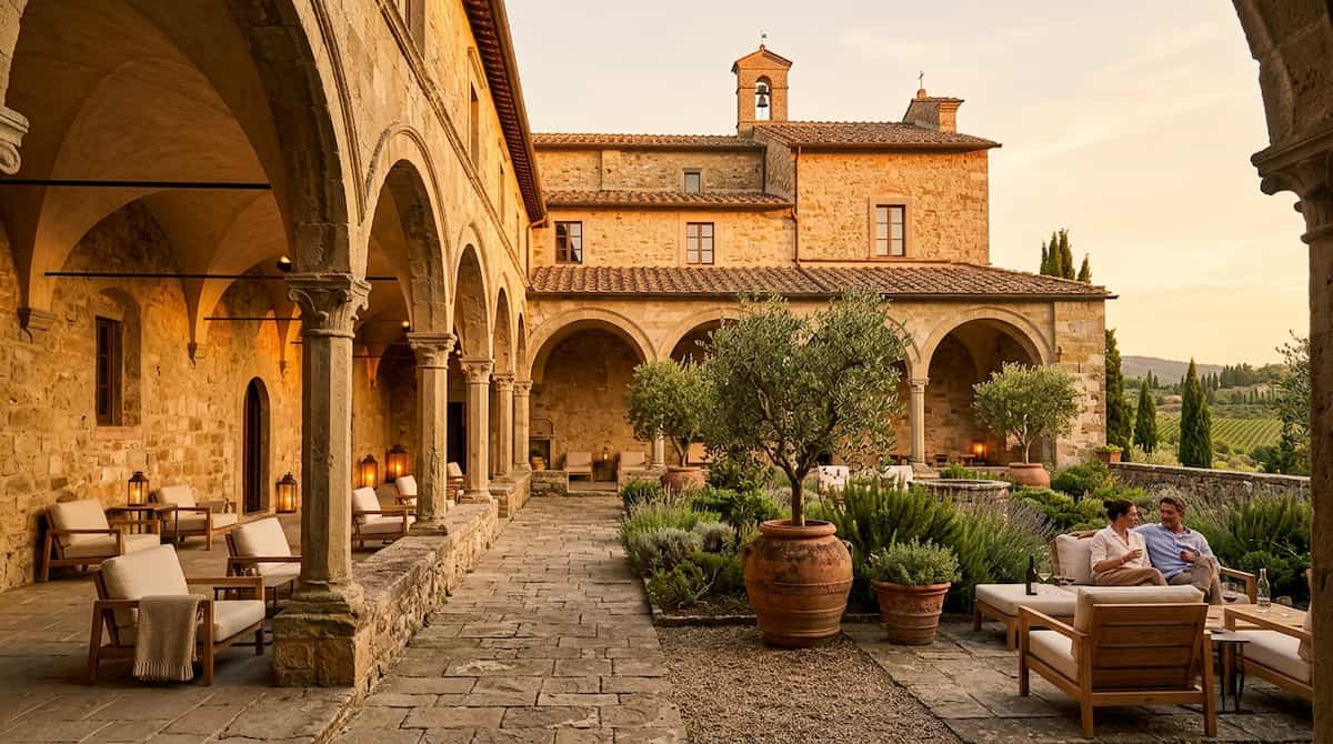 A luxury hotel courtyard inside a beautifully restored medieval monastery in Italy.