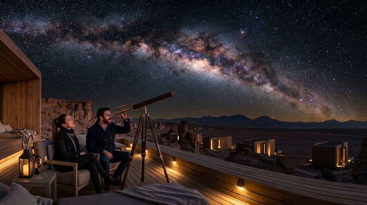 Ultra-luxury stargazing retreat in the Atacama Desert under a vivid Milky Way galaxy.