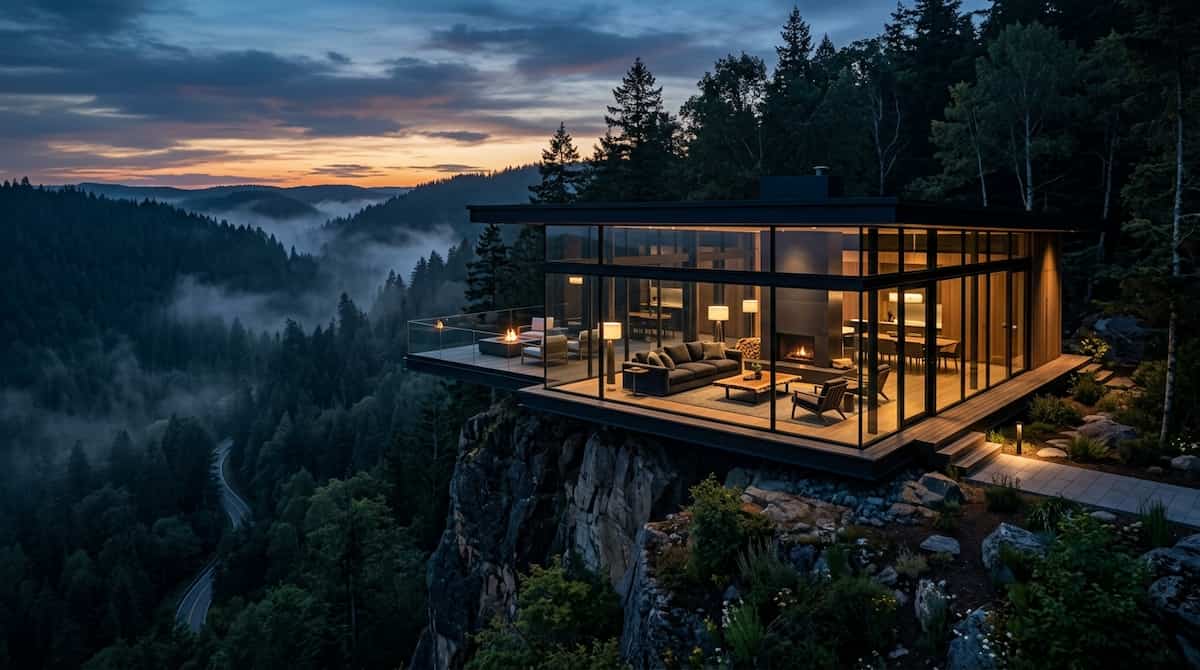 Architectural exterior of a luxury glass pavilion villa surrounded by a secluded forest.