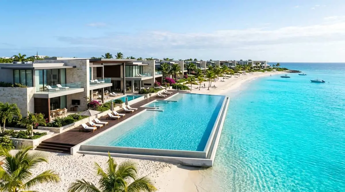 A spectacular modern luxury beachfront resort in Anguilla featuring minimalist architecture and endless turquoise water for Anguilla luxury resorts.