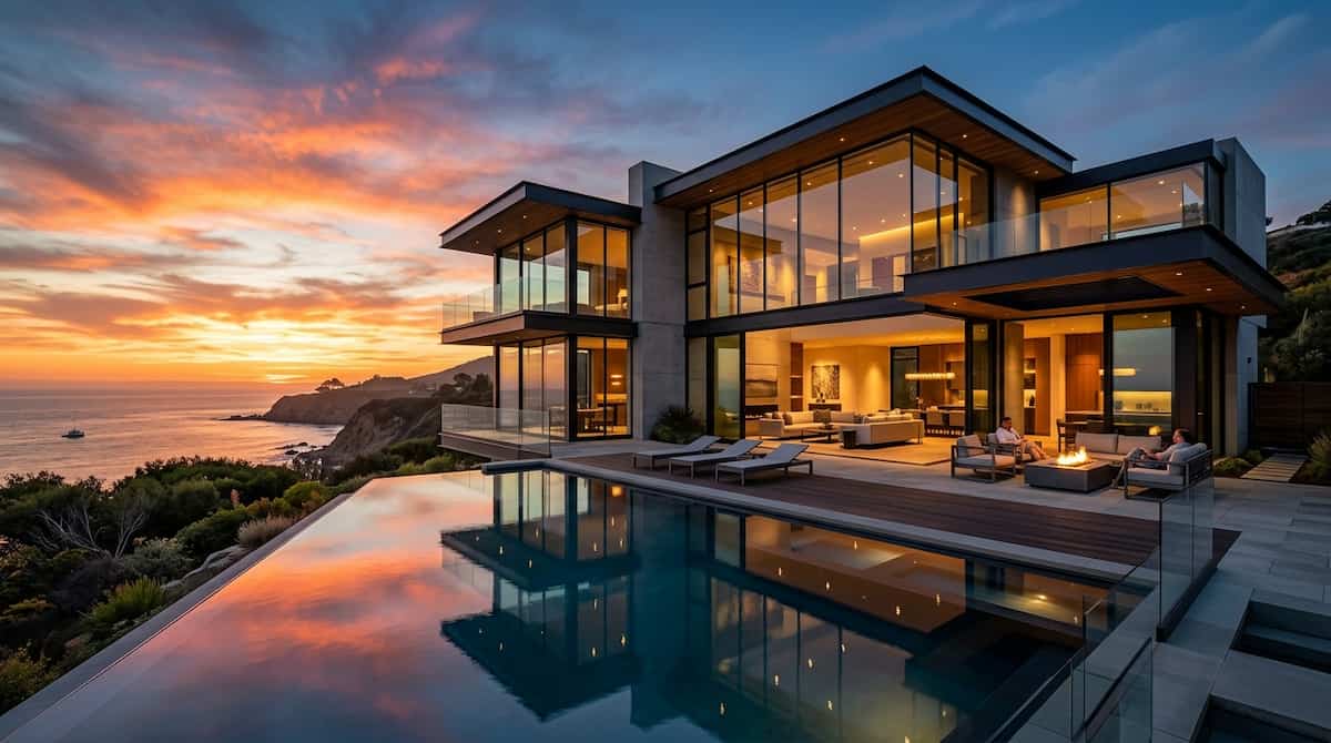 A contemporary luxury glass mansion with an infinity pool at sunset.