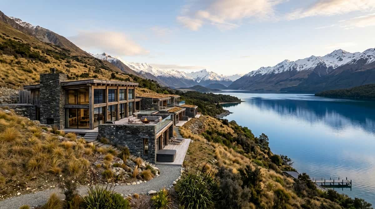 A spectacular modern luxury eco-lodge built from stone and glass overlooking a deep blue glacial lake in New Zealand for New Zealand luxury lodges.