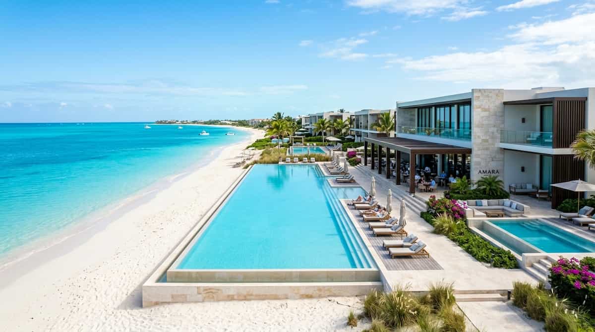 A spectacular modern luxury beachfront resort in Turks and Caicos featuring minimalist architecture and endless turquoise water for Turks and Caicos luxury resorts.