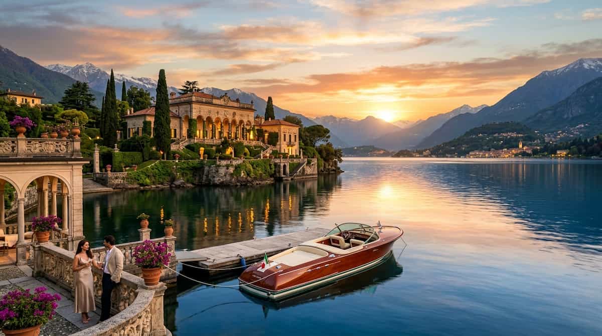 Ultra-luxury destinations in italy featuring a private Riva boat docked at a Lake Como villa