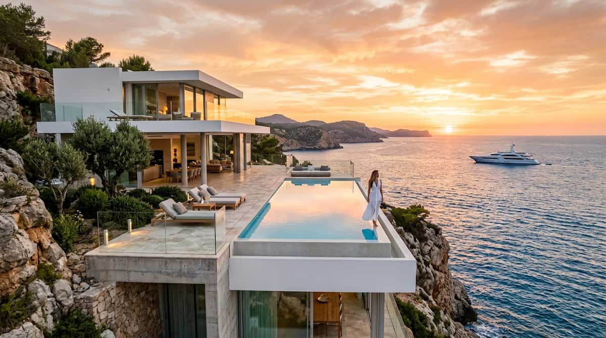 Ultra-luxury destinations in spain featuring a private modern cliffside villa in Ibiza