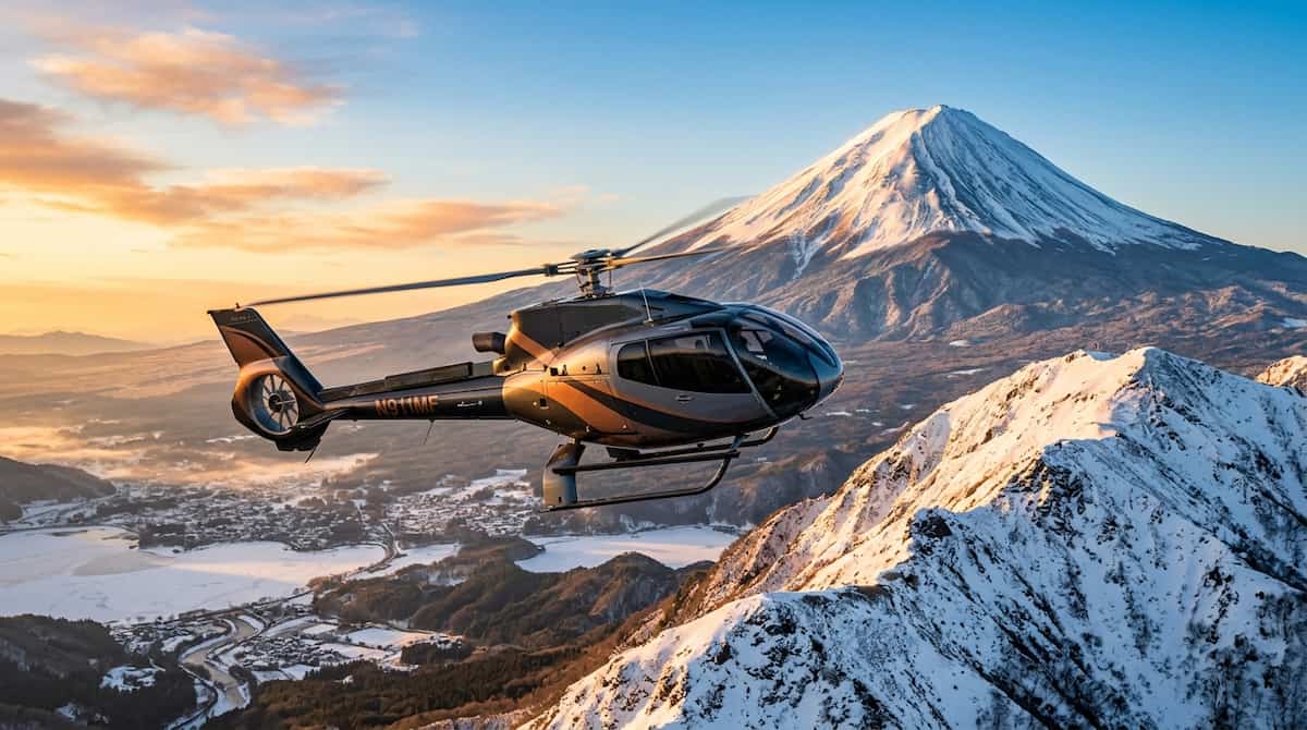 Ultra-luxury experiences in japan featuring a private helicopter tour over Mount Fuji